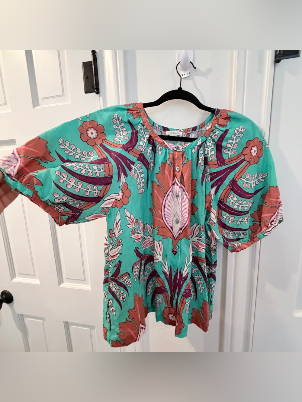 Sundance Catalog Linen Top Blouse Puff Sleeve Vibrant Teal  Floral small